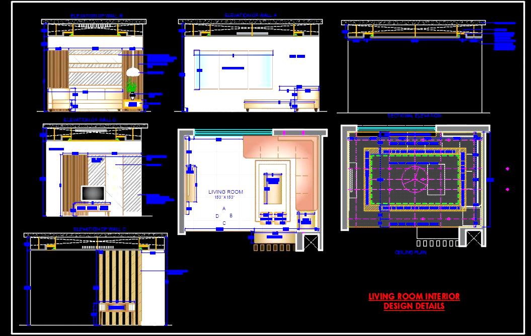 Modern Living Roon Interior Design Cad Design (15'x15')